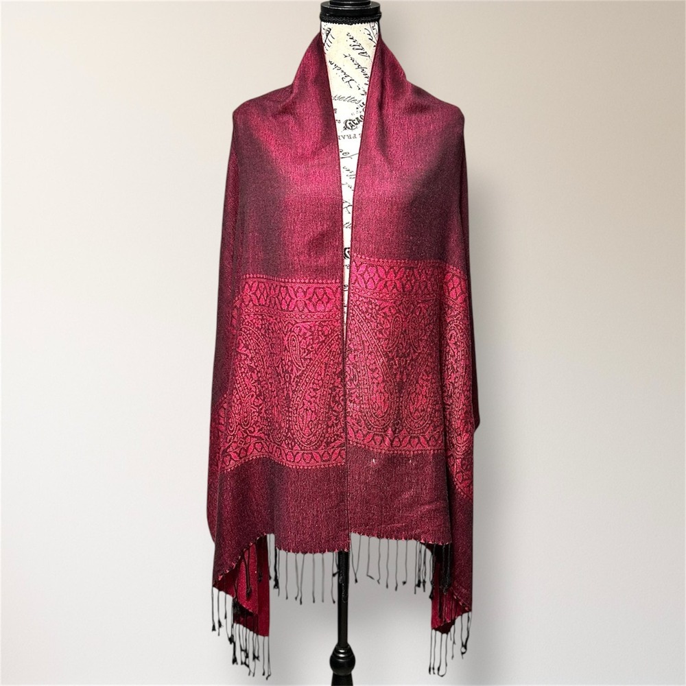 Pashmina Reversible Paisley Jacquard Scarf Wrap Burgundy Black Fringe Shawl Boho